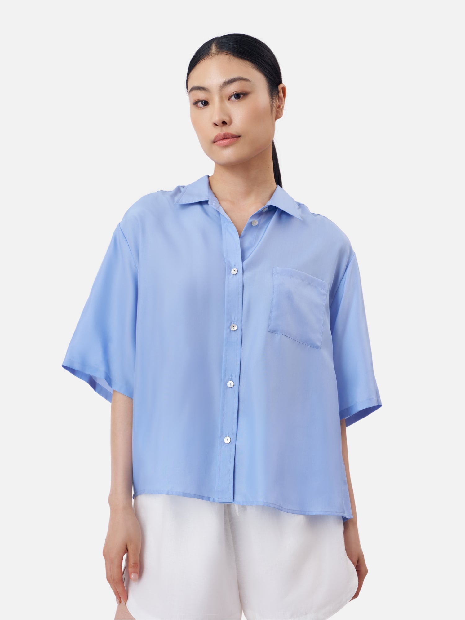oversized blue dress shirt Blue Oversized Button Down Shirt with Overlap Back Pleat