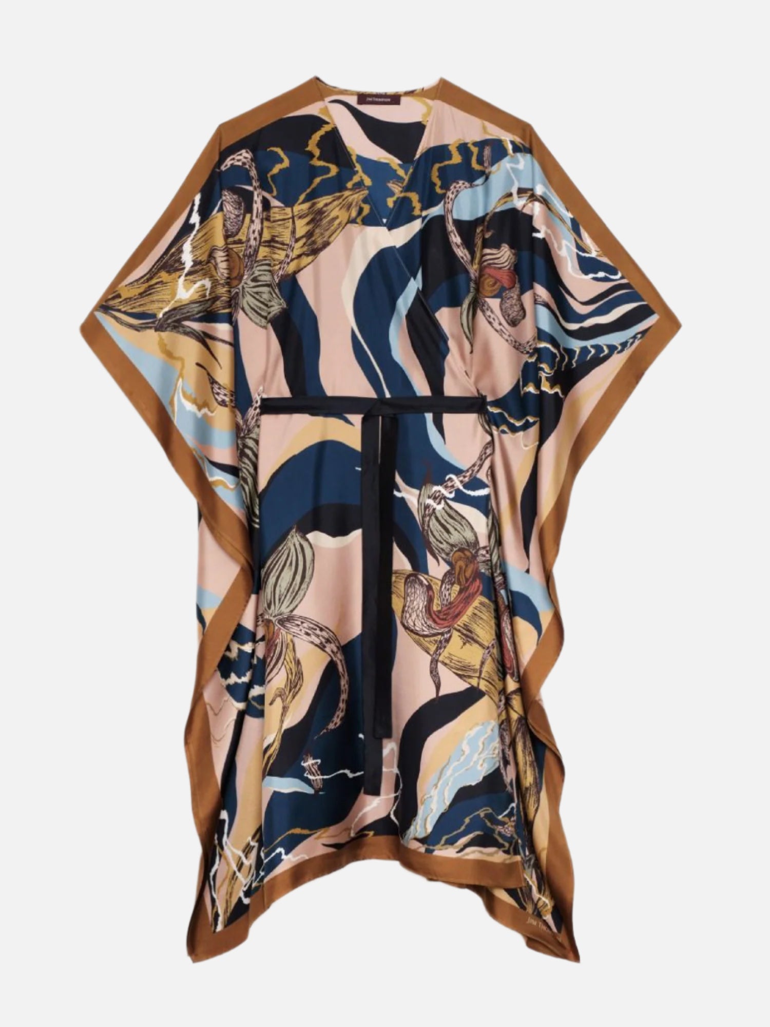 Slipper Orchid Print Silk Kimono Dress in Brown Slipper Orchid Print Silk Kimono Dress in Brown
