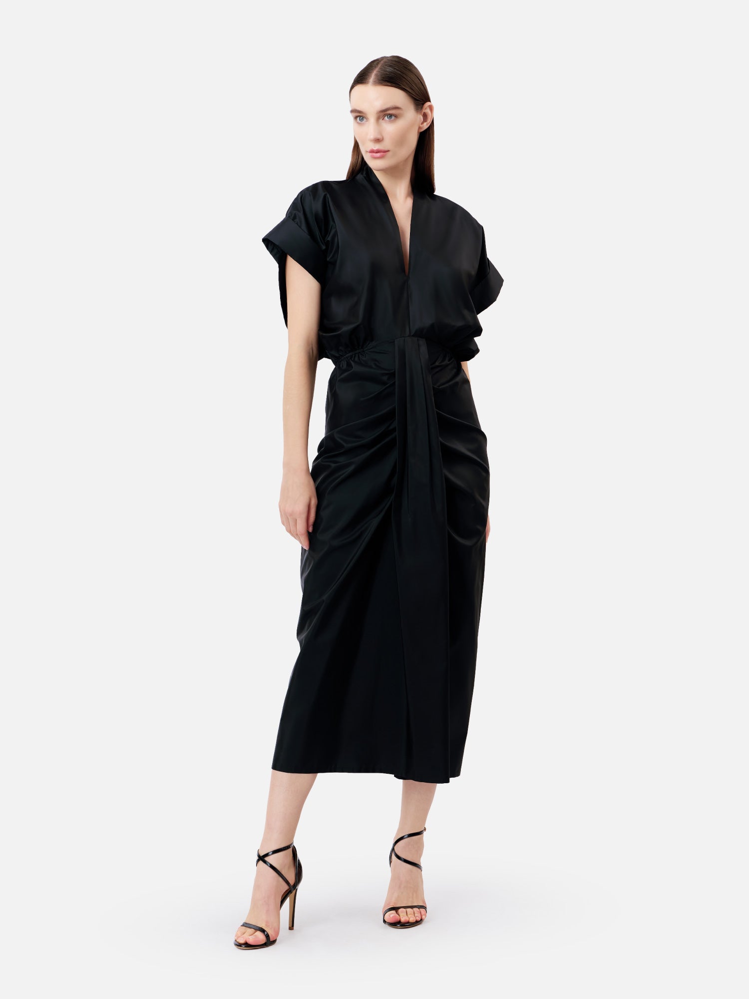 Solid Silk Deep V Neck Midi Dress