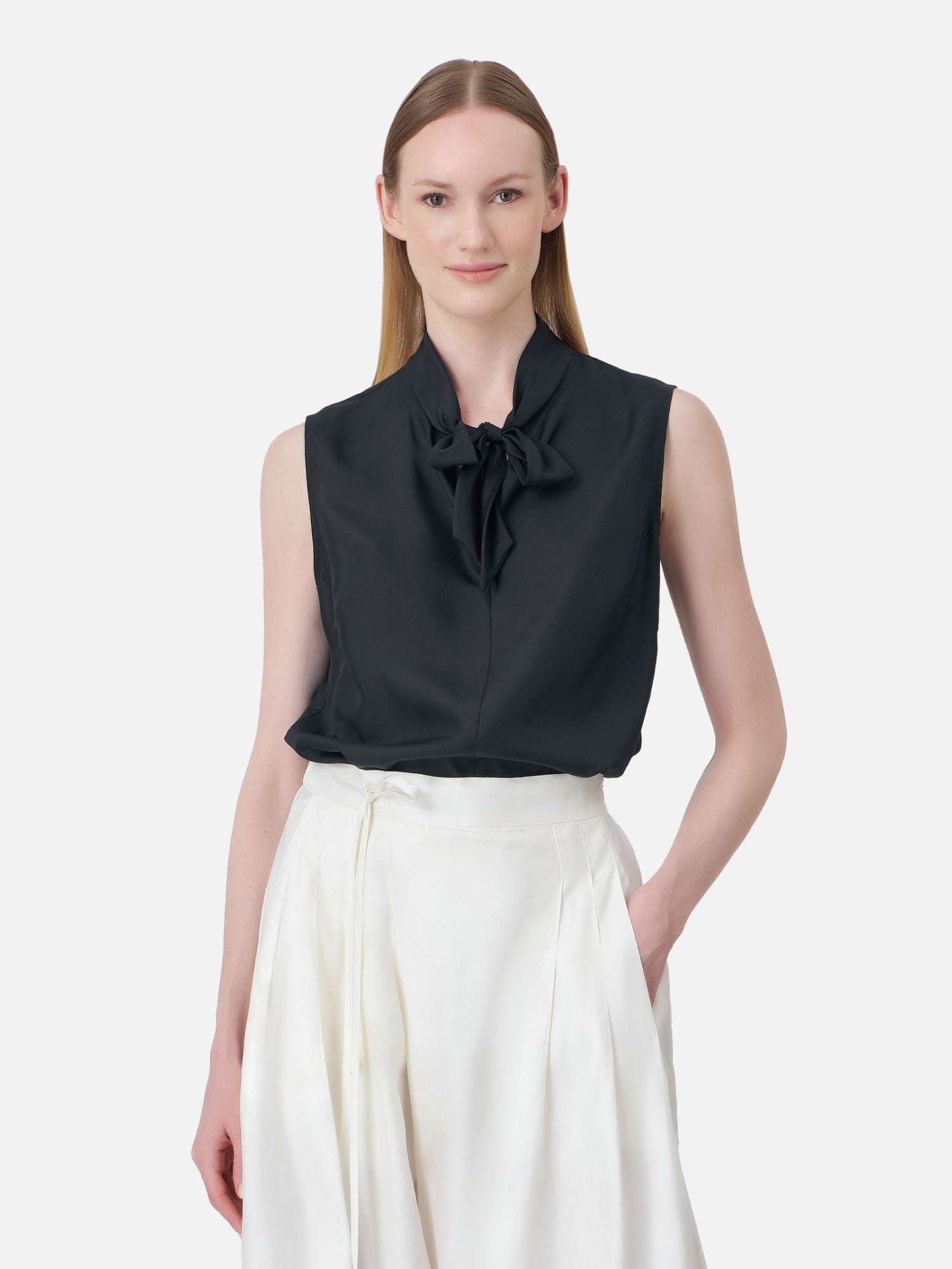 Solid Silk Habotai Tie Neck Sleeveless Blouse - Main Image
