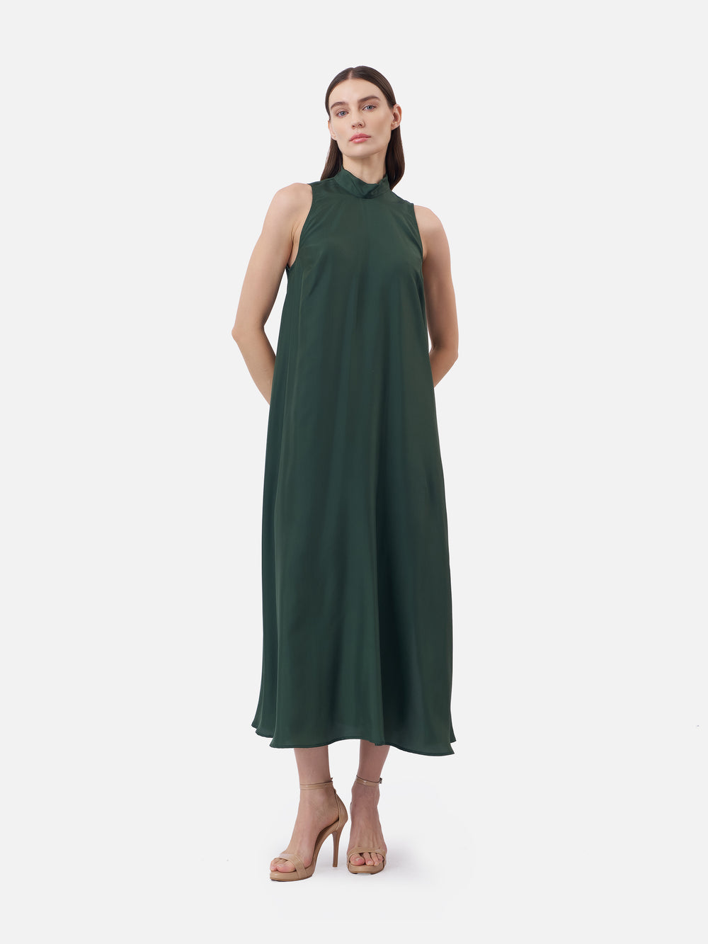 Turtle Neck Maxi Silk Dress in Green