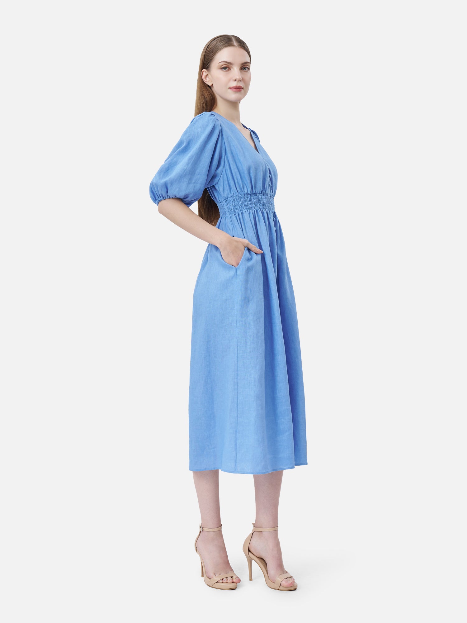 blue smock midi dress Baltic Born Womens Lovell Smocked Midi Dress | Midnight Blue