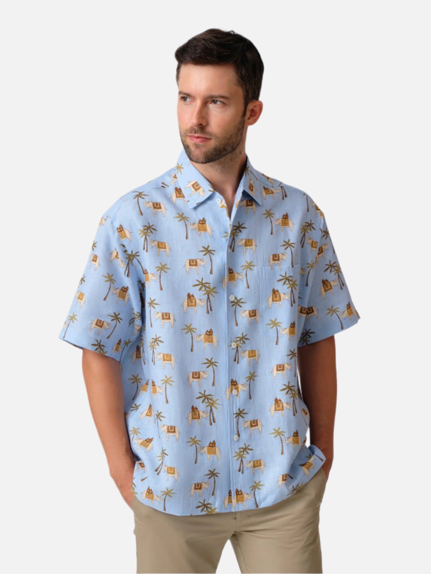 Elephant & Palm Print Linen Hawaiian Shirt | Jim Thompson
