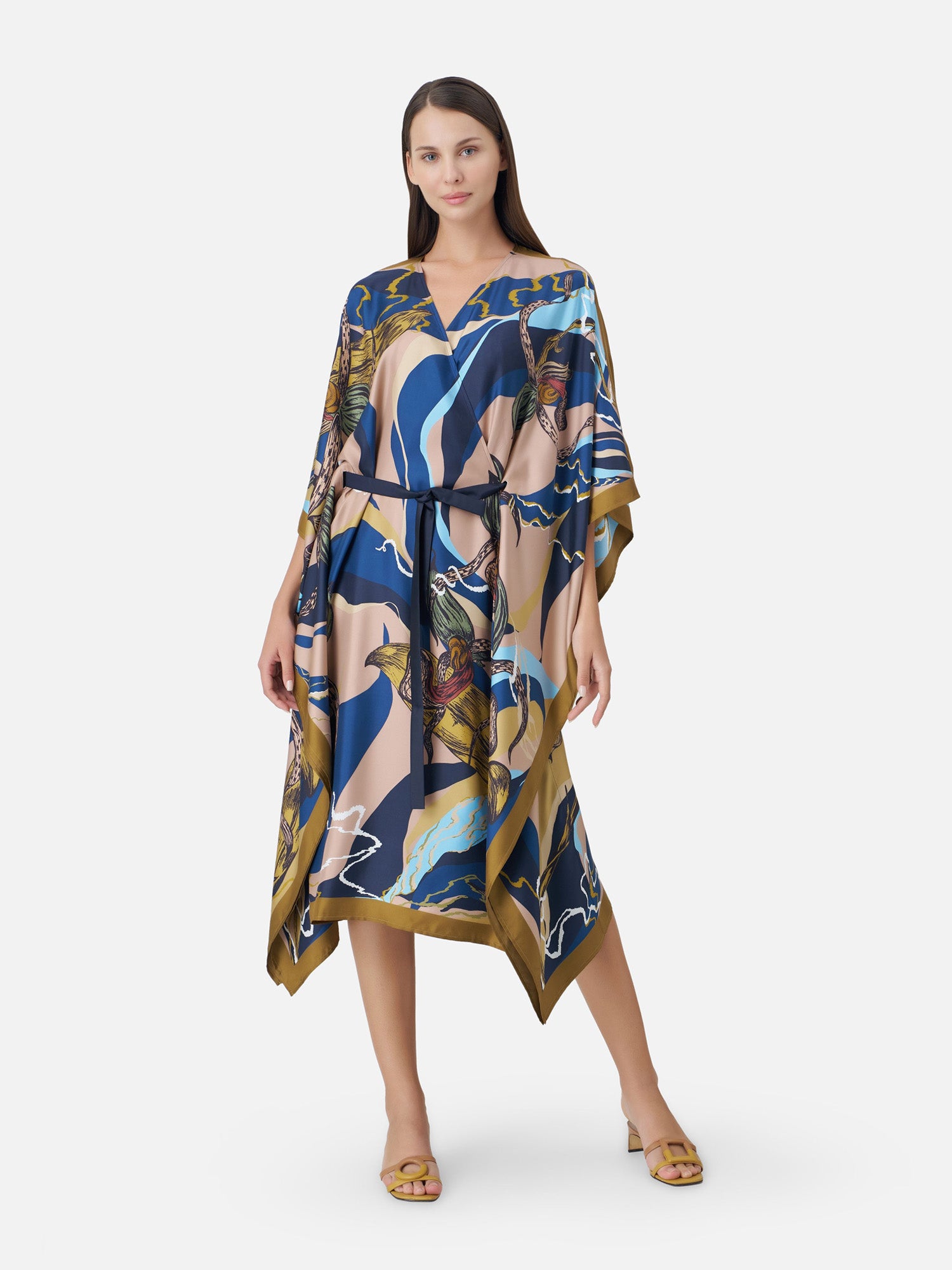 Slipper Orchid Print Silk Kimono Dress in Brown | Jim Thompson Slipper Orchid Print Silk Kimono Dress in Brown | Jim Thompson