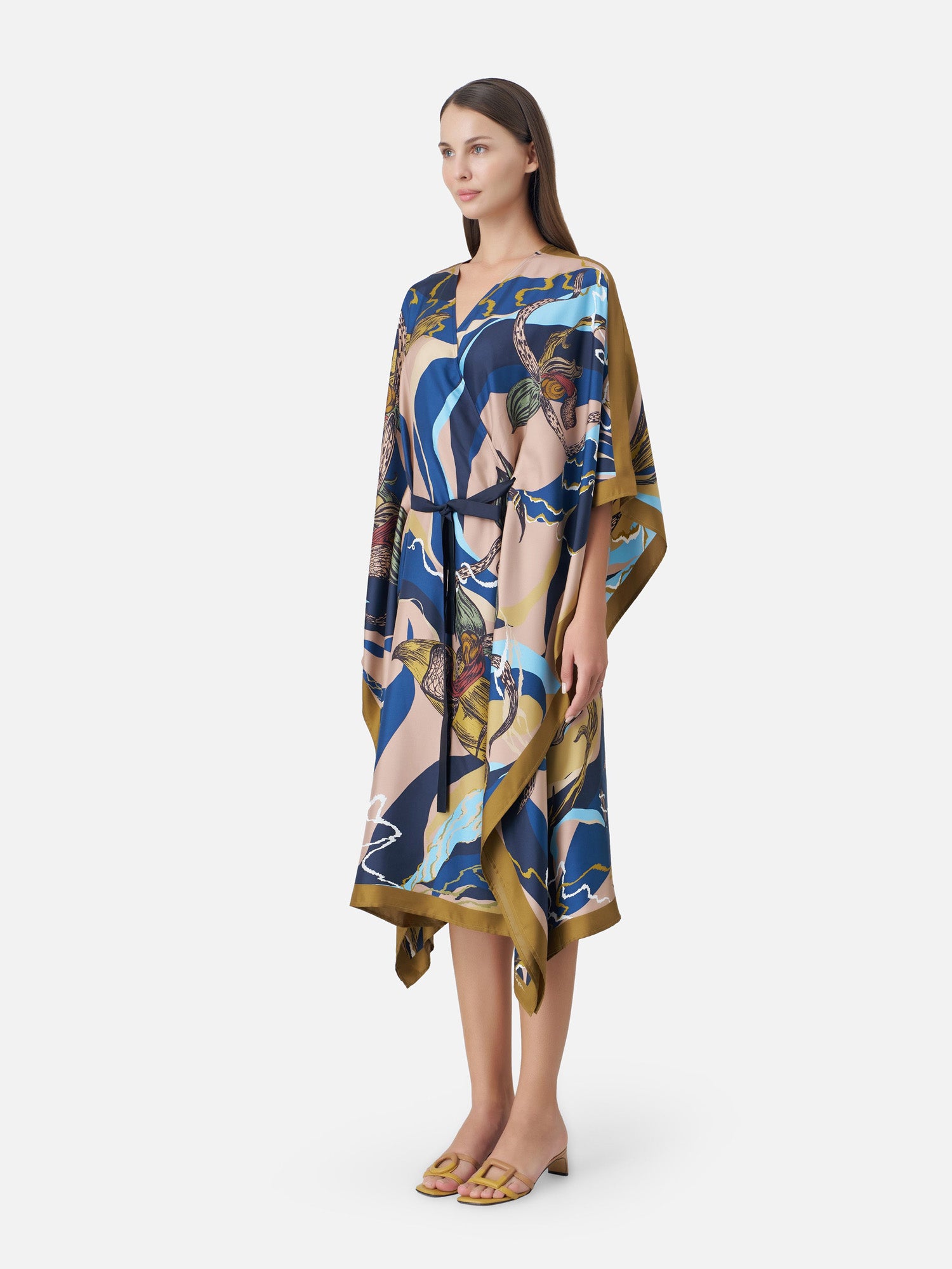 Slipper Orchid Print Silk Kimono Dress in Brown | Jim Thompson
