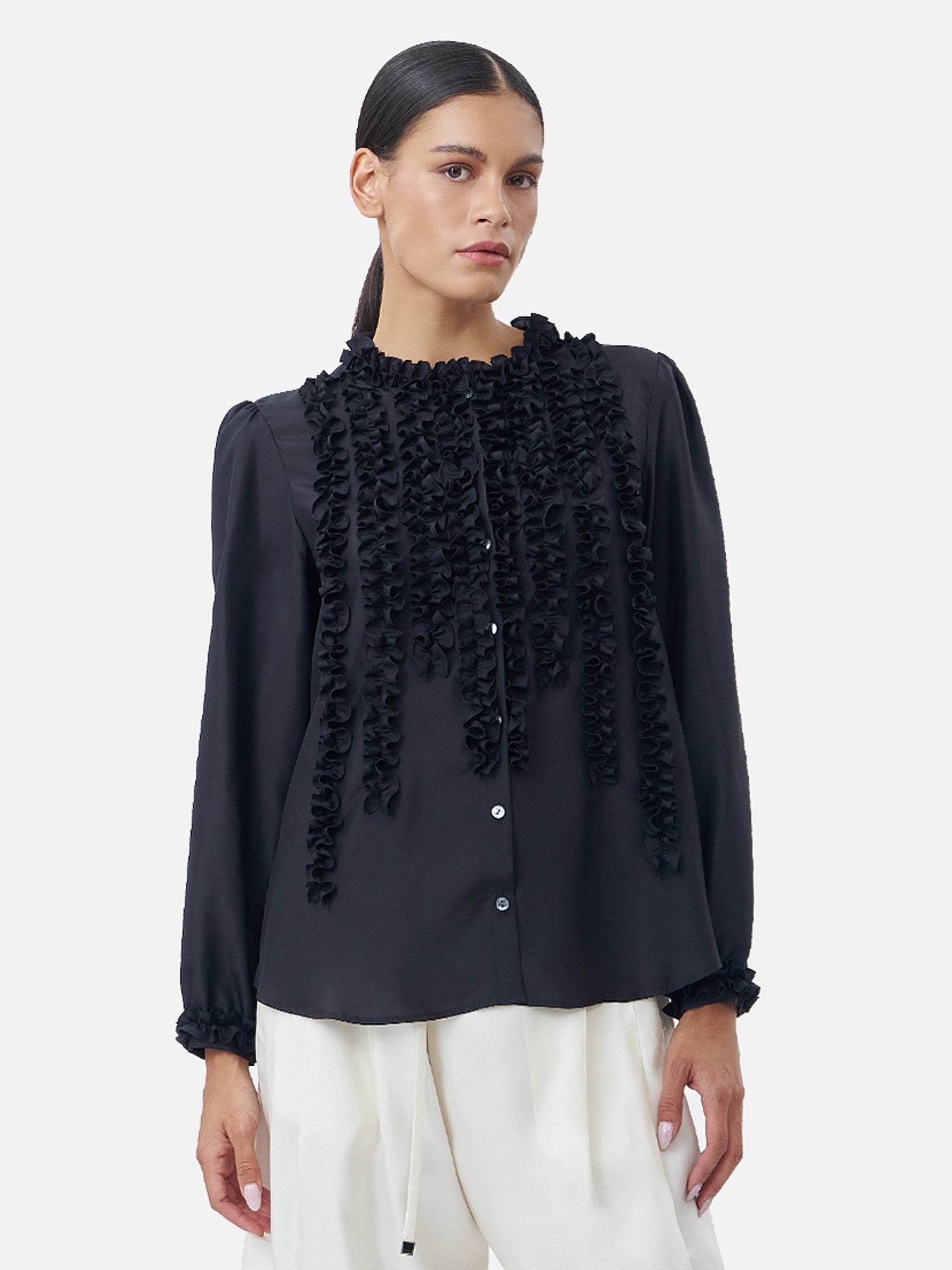 Long-Sleeve Ruffle Tuxedo Top | Jim Thompson
