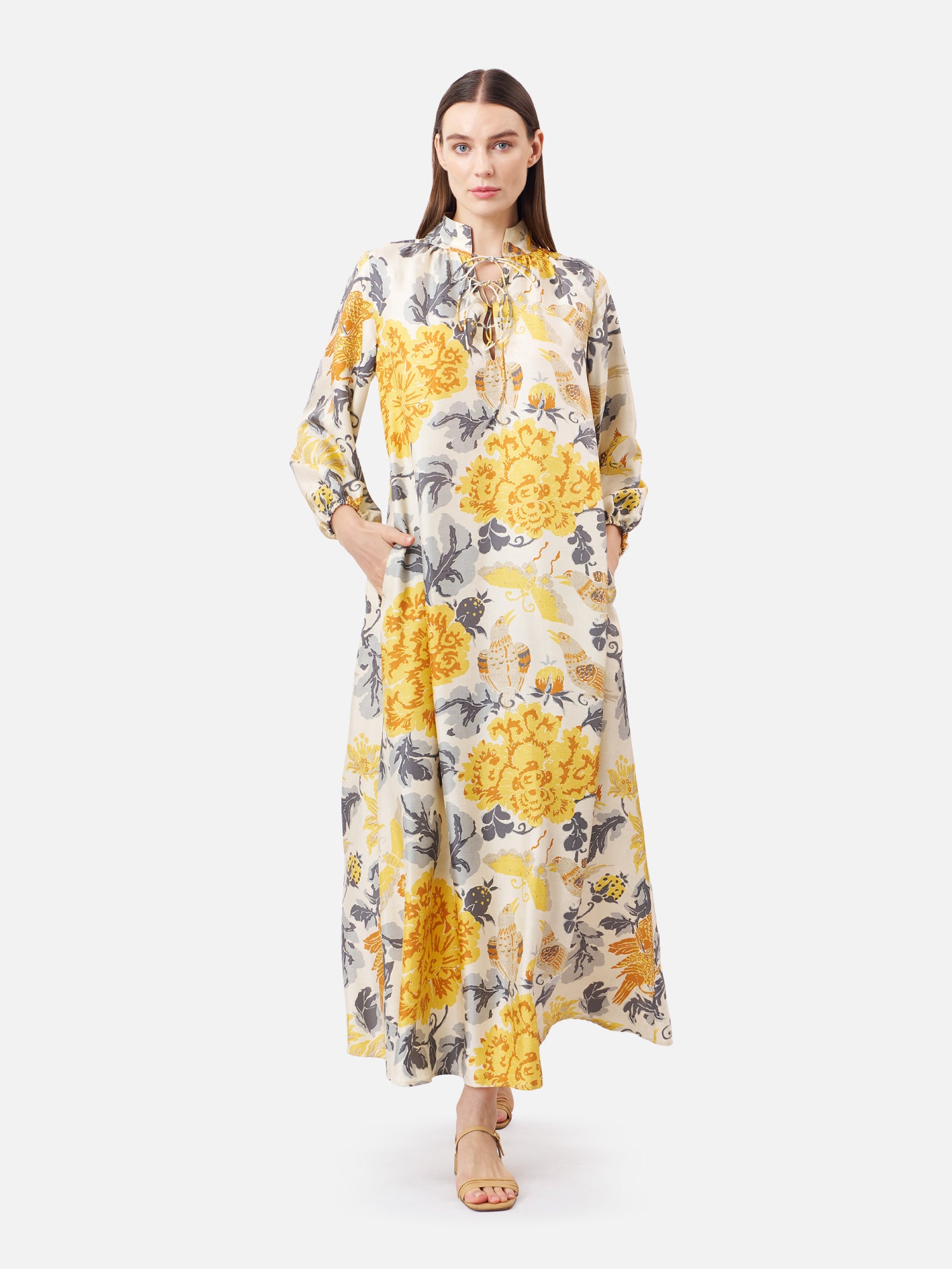 Malee Lace Up Mandarin Collar Maxi Dress